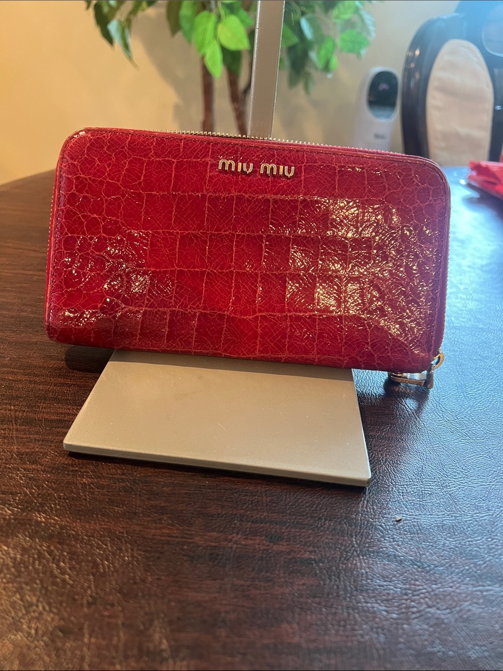 Miu Miu Patent Croc-Embossed Zip Wallet in Bright Red